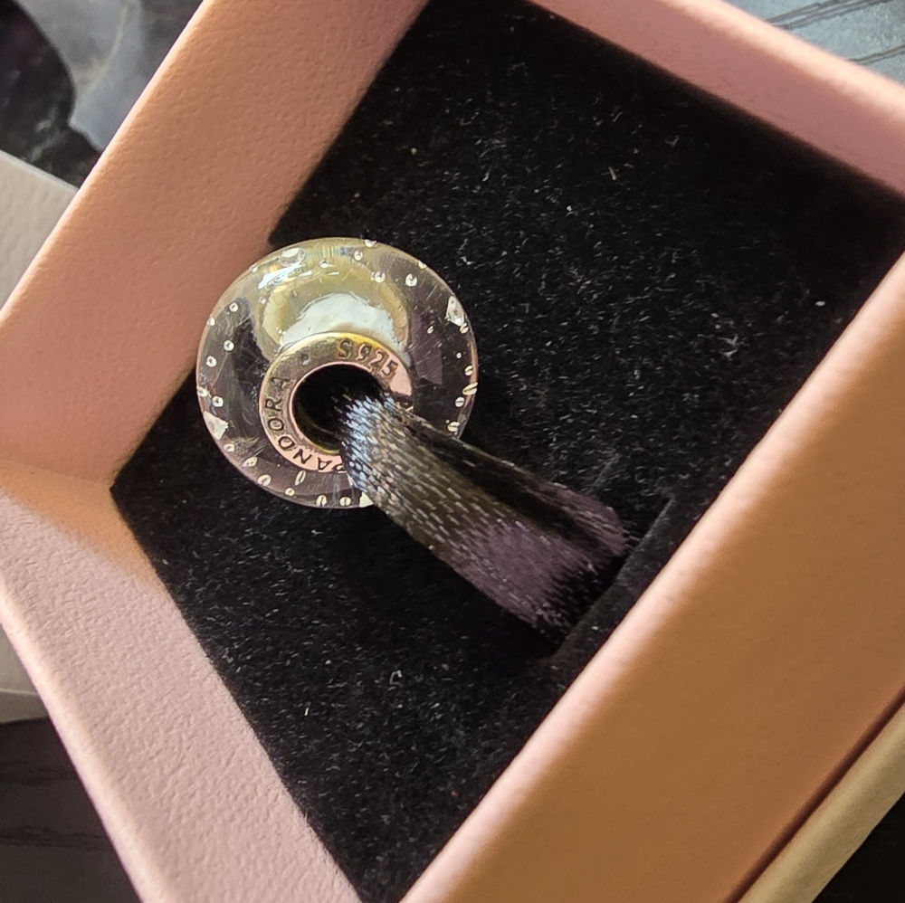 PANDORA White Murano Glass Bead With Sparkle, Silver Core. In Box.